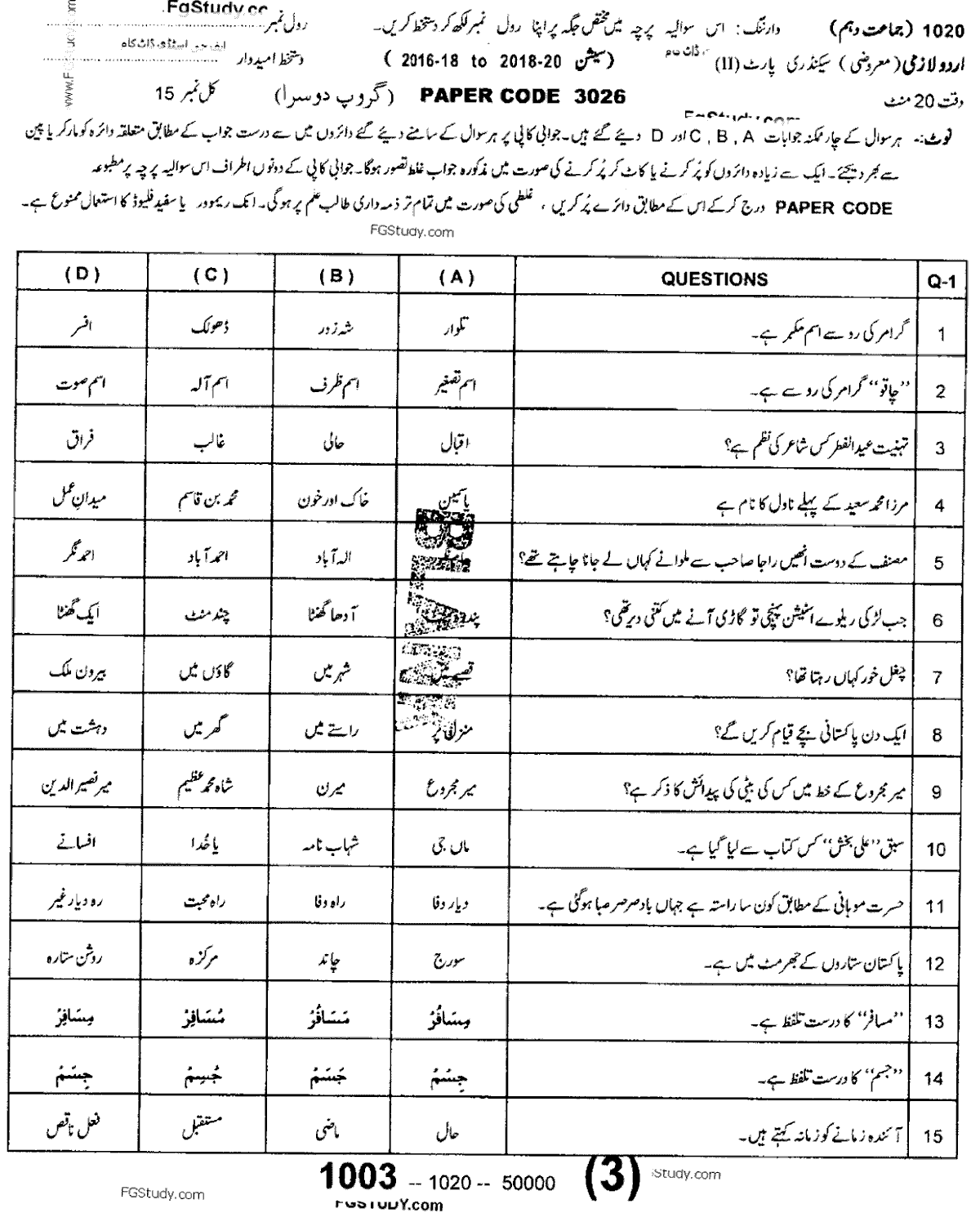 Urdu Group 2 Objective 10th Class Past Papers 2020